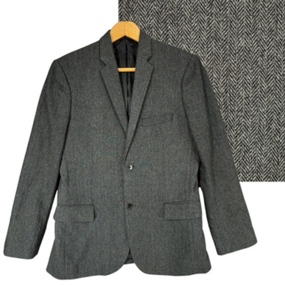 Gap Tailored Blazer sz 42R Men Herringbone Tweed Wool Blend Black Gray‎ Preppy